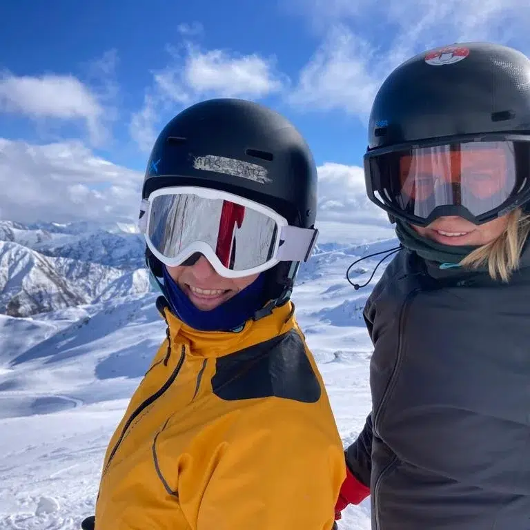 Smiles, almost at the bottom. The last run down the beautiful skyline trail at Cardrona, Queenstown. Skiing for the first time not so terrifying now.